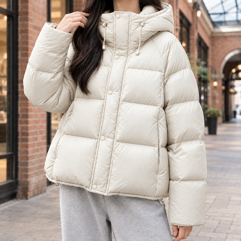 Boxy Hooded Puffer Jacket for Women with Adjustable Hood and Snap Placket in Cream, front view