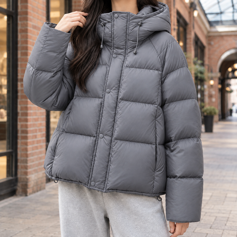 Boxy Hooded Puffer Jacket for Women with Adjustable Hood and Snap Placket in Gray, front view