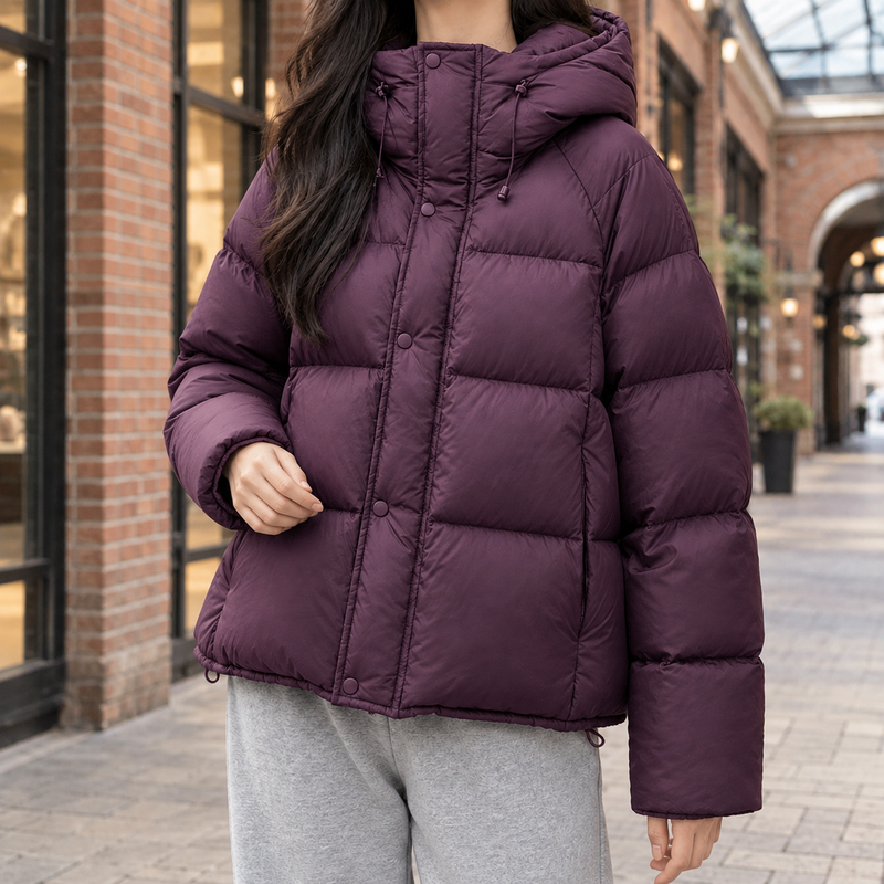 Boxy Hooded Puffer Jacket for Women with Adjustable Hood and Snap Placket in Purple, front view