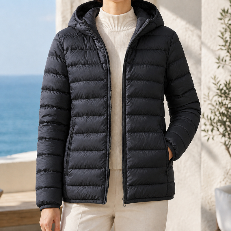 Lightweight Quilted Puffer Jacket for Women with Hood and Zip Pockets in Black, front view