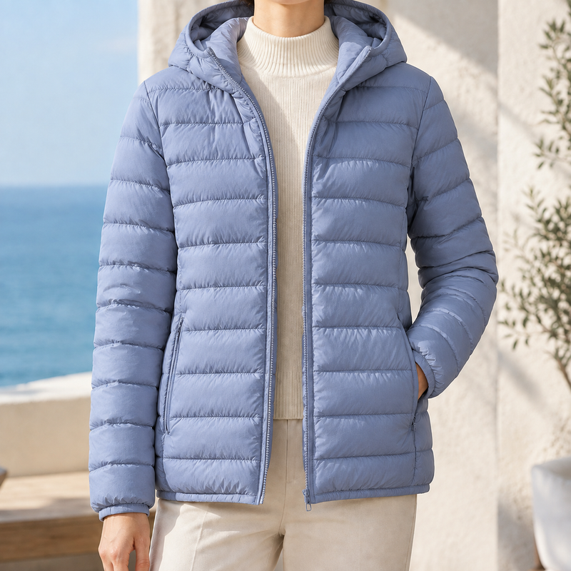 Lightweight Quilted Puffer Jacket for Women with Hood and Zip Pockets in Blue, front view