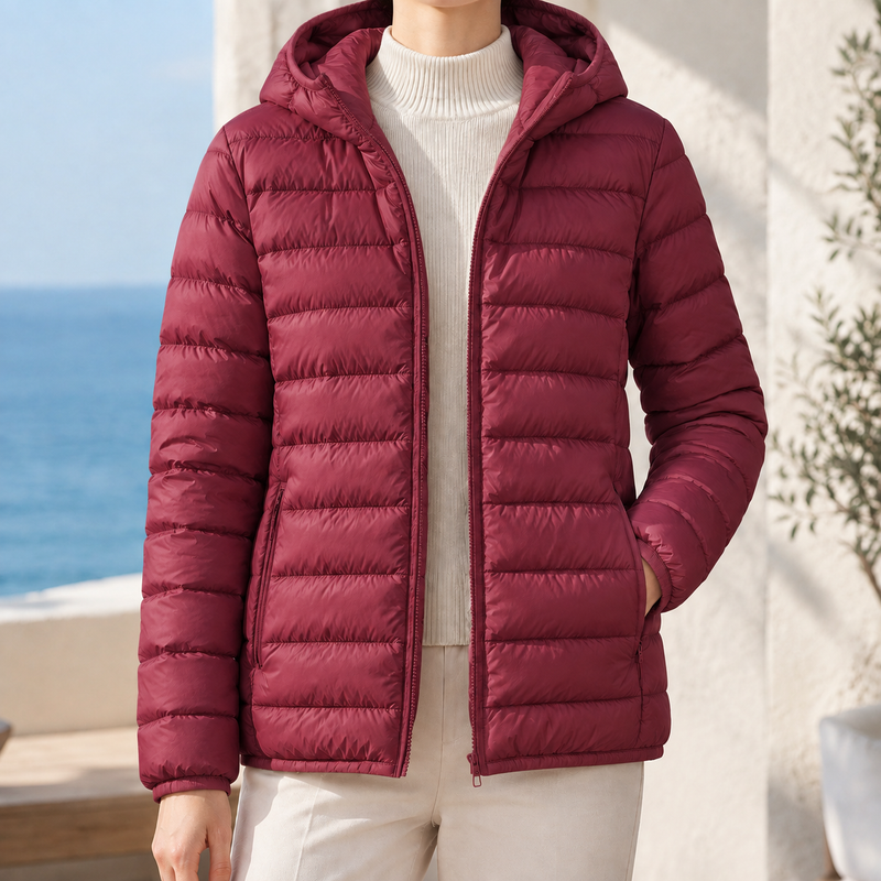 Lightweight Quilted Puffer Jacket for Women with Hood and Zip Pockets in Burgundy, front view