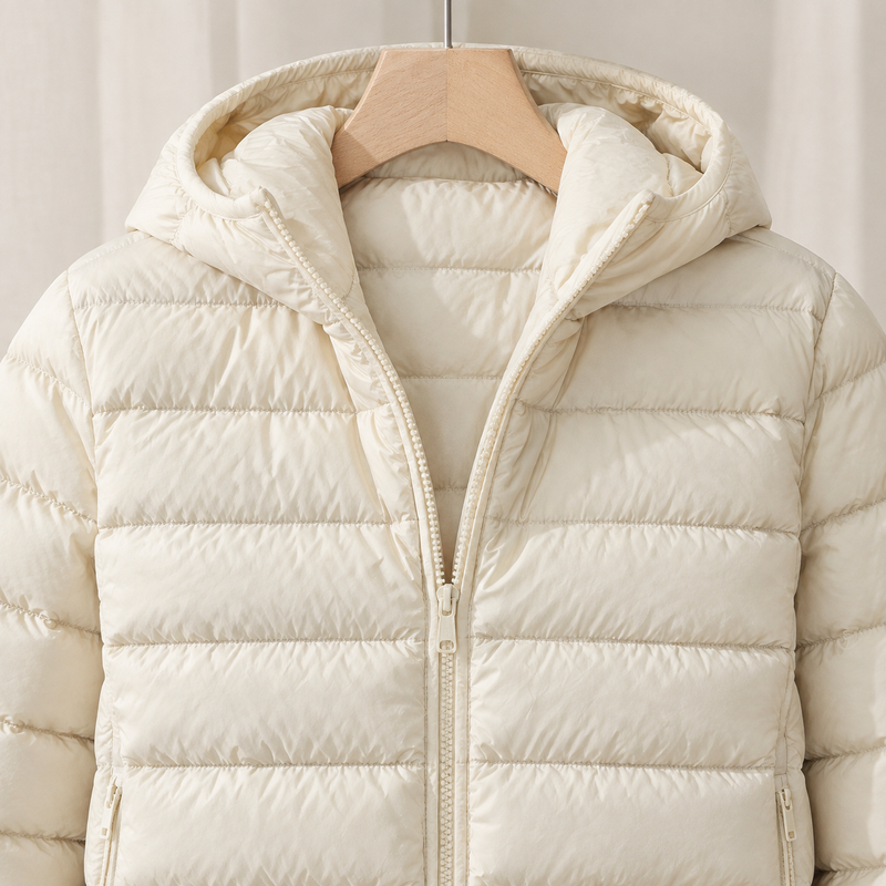 Lightweight Quilted Puffer Jacket for Women with Hood and Zip Pockets in Cream, front view on hanger