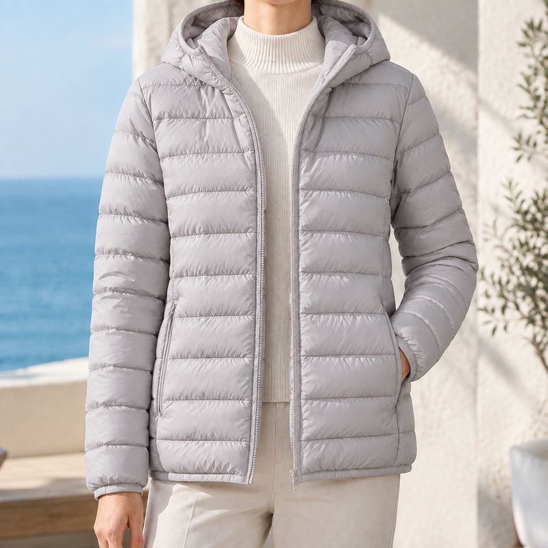 Lightweight Quilted Puffer Jacket for Women with Hood and Zip Pockets in Gray, front view