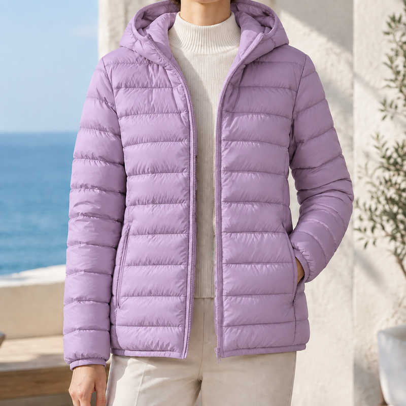 Lightweight Quilted Puffer Jacket for Women with Hood and Zip Pockets in Light Purple, front view