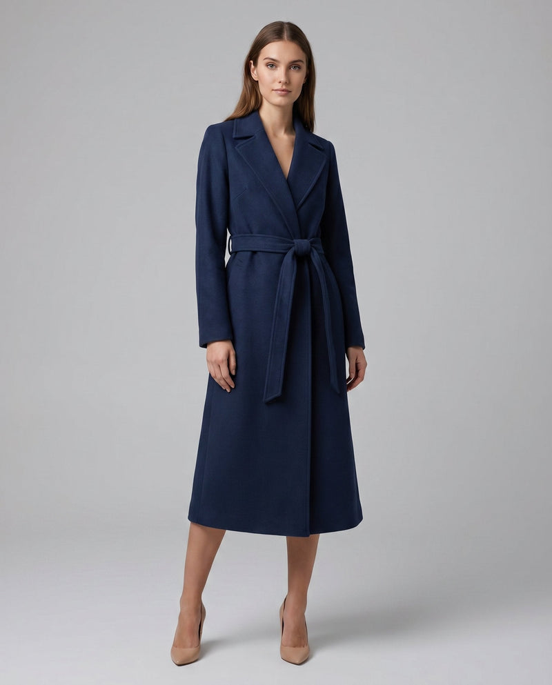 Belted Wool-Look Wrap Coat for Women with Notched Lapels and Welt Pockets in Navy, belted front view