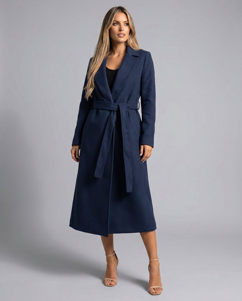 Belted Wool-Look Wrap Coat for Women with Notched Lapels and Welt Pockets in Navy, belted three-quarter view