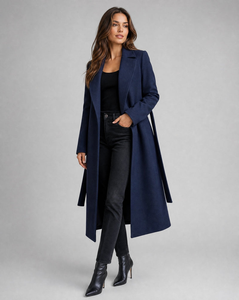 Belted Wool-Look Wrap Coat for Women with Notched Lapels and Welt Pockets in Navy, styled view