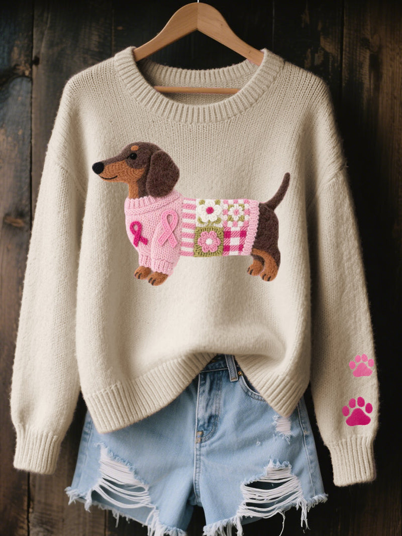 Cute Dachshund Sweater for Women with Paw Print Sleeves and Crew Neck in Beige, front view on hanger