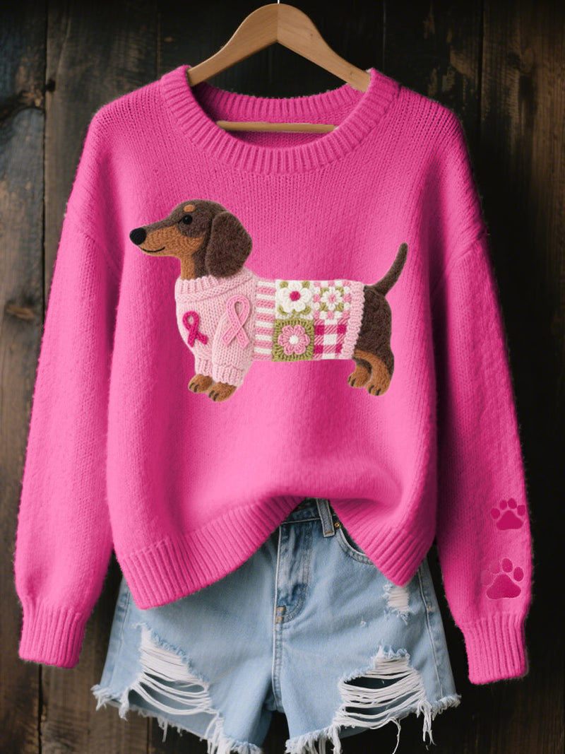 Cute Dachshund Sweater for Women with Paw Print Sleeves and Crew Neck in Hot Pink, front view on hanger