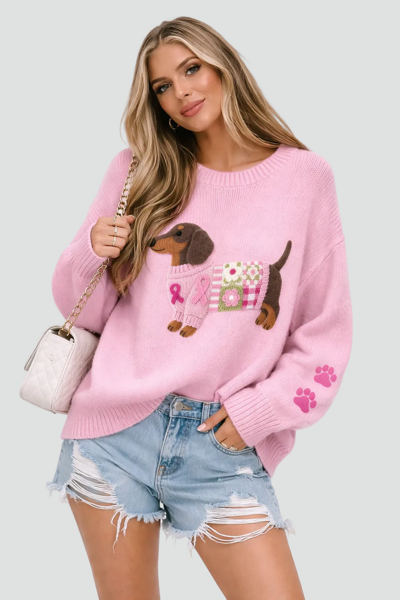 Cute Dachshund Sweater for Women with Paw Print Sleeves and Crew Neck in Pink, styled view