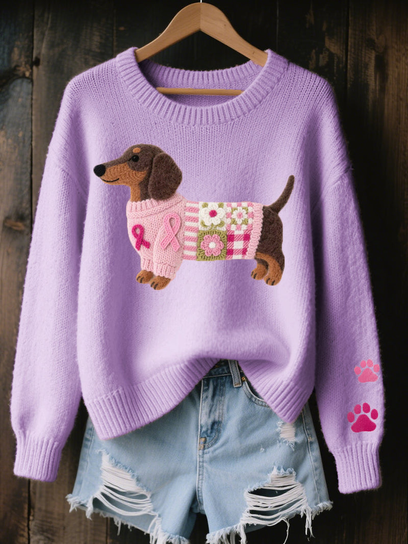 Cute Dachshund Sweater for Women with Paw Print Sleeves and Crew Neck in Purple, front view on hanger