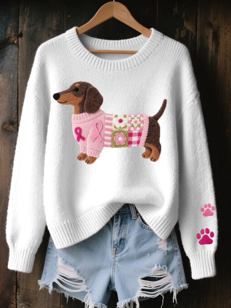 Cute Dachshund Sweater for Women with Paw Print Sleeves and Crew Neck in White, front view on hanger