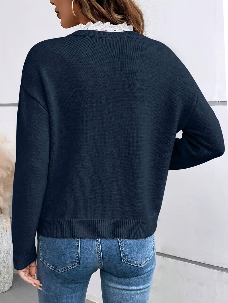 Lace V-Neck Sweater for Women with Scalloped Collar and Ribbed Trim in Navy, back view