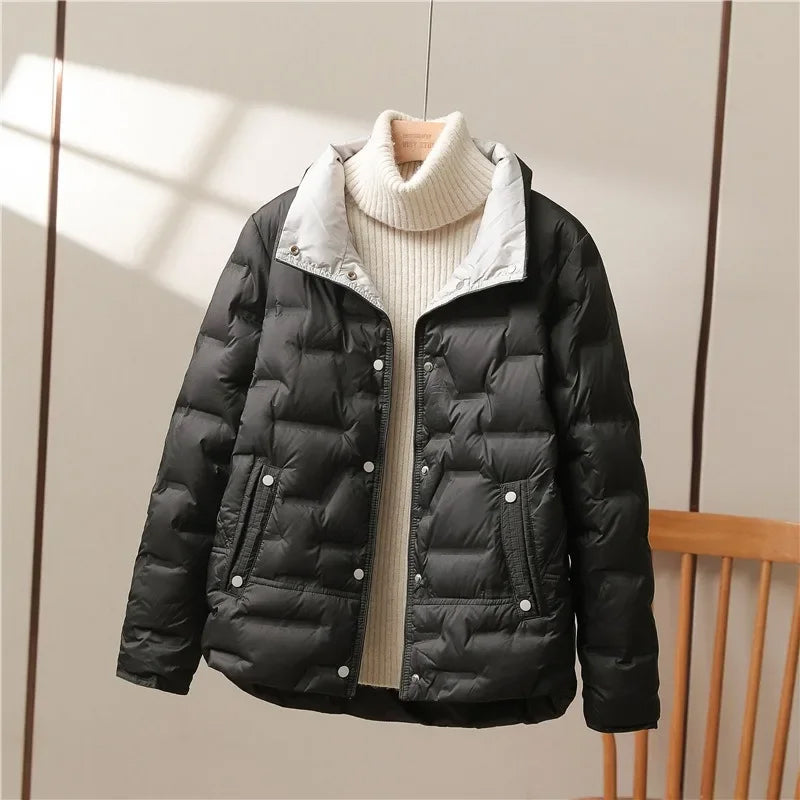 Stand Collar Puffer Jacket for Women with Contrast Collar and Snap Front in Black, front view