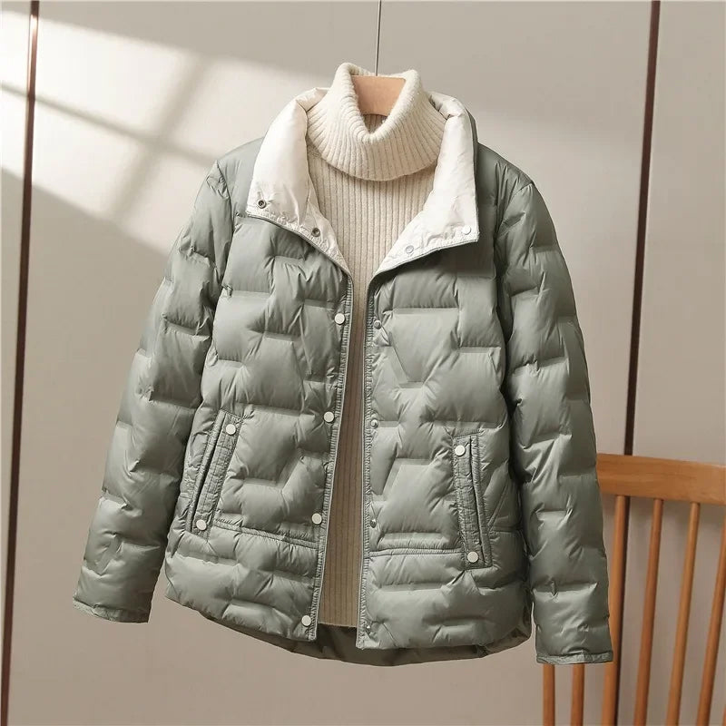 Stand Collar Puffer Jacket for Women with Contrast Collar and Snap Front in Green, front view