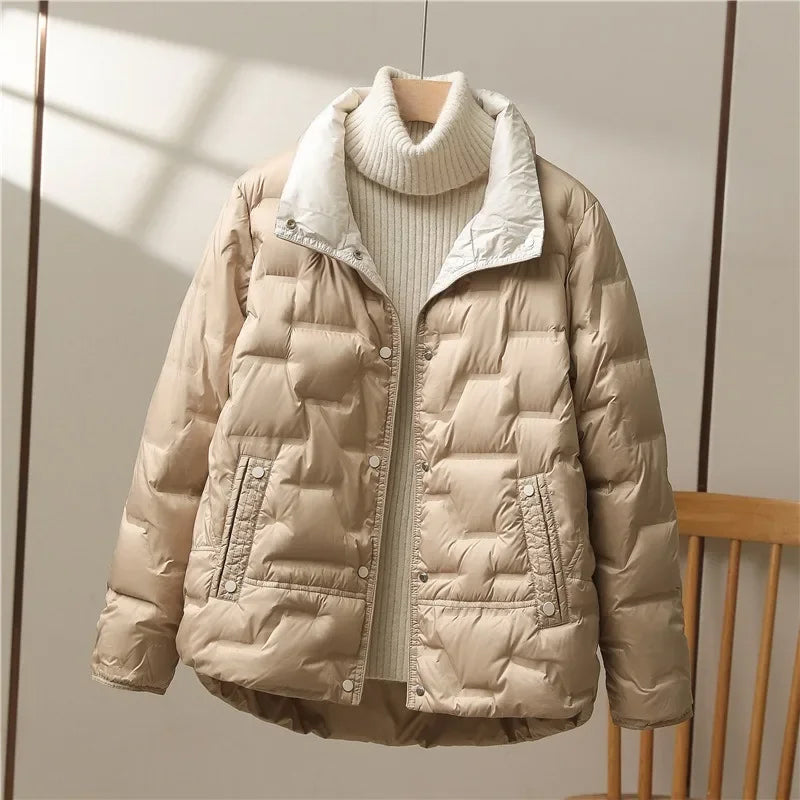 Stand Collar Puffer Jacket for Women with Contrast Collar and Snap Front in Khaki, front view