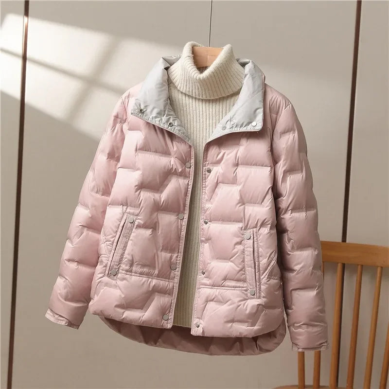 Stand Collar Puffer Jacket for Women with Contrast Collar and Snap Front in Pink, front view