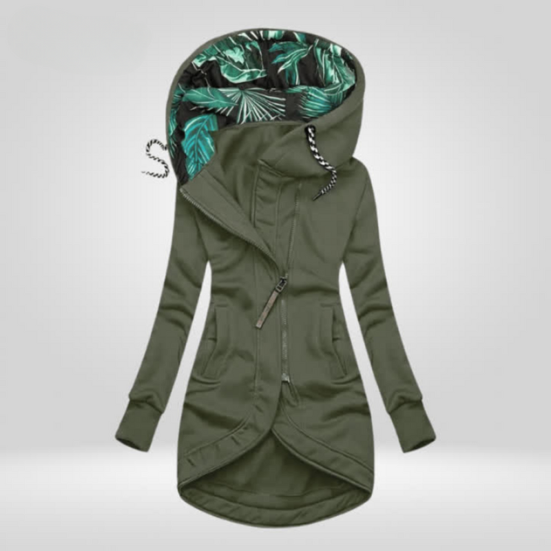 Long Zip Up Hoodie for Women with Printed Hood Lining and Curved Hem in Army Green, front view