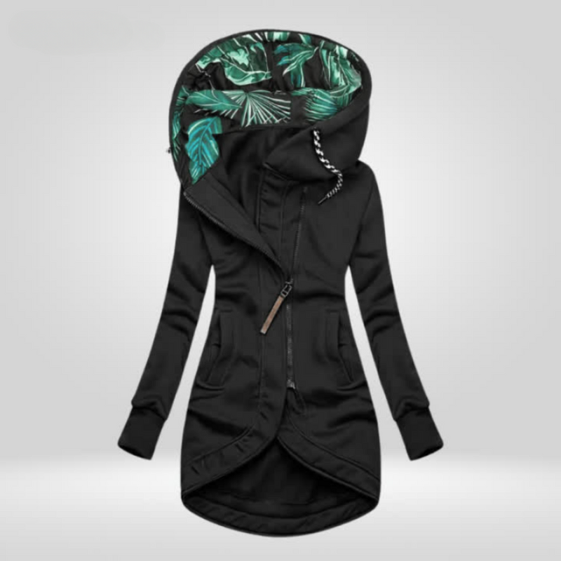 Long Zip Up Hoodie for Women with Printed Hood Lining and Curved Hem in Black, front view