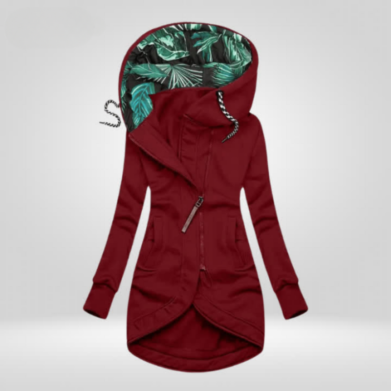 Long Zip Up Hoodie for Women with Printed Hood Lining and Curved Hem in Burgundy, front view