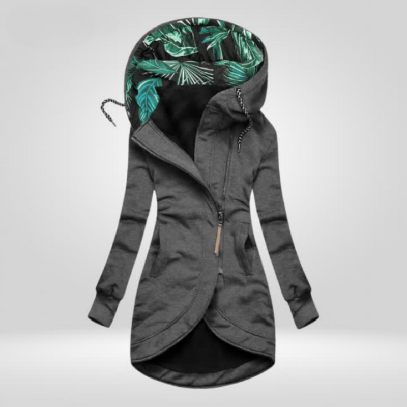 Long Zip Up Hoodie for Women with Printed Hood Lining and Curved Hem in Gray, front view