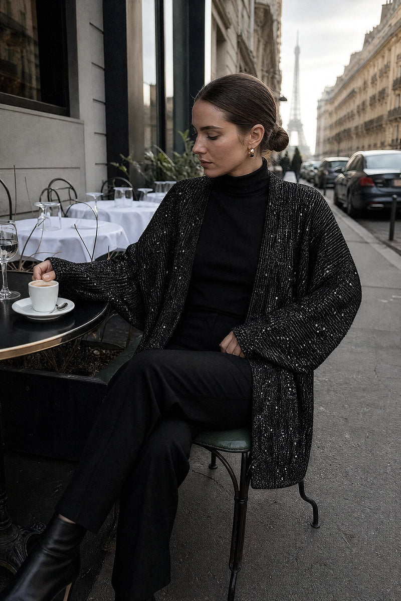 SOFAINE-V7-LIFE-Angelina | Sequin Knit Cardigan in Black, café scene