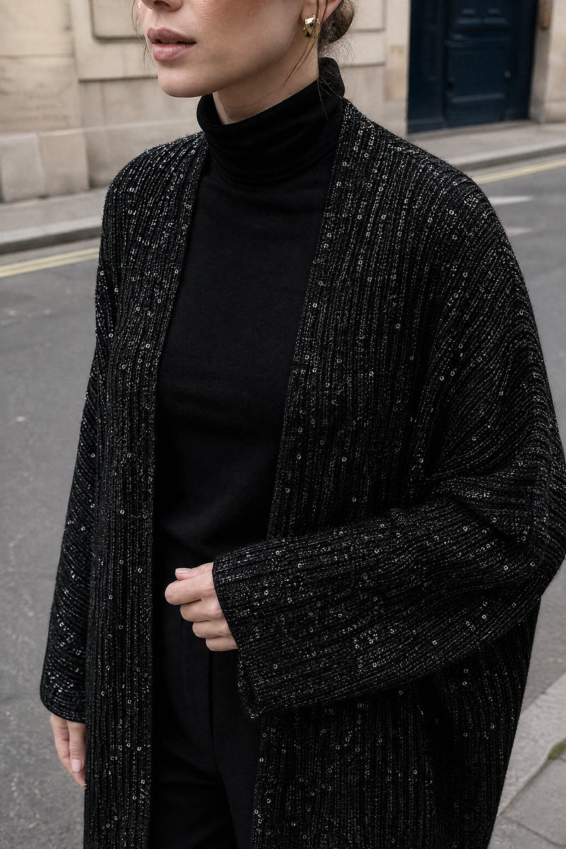SOFAINE-V7-LIFE-Angelina | Sequin Knit Cardigan in Black, detail close-up