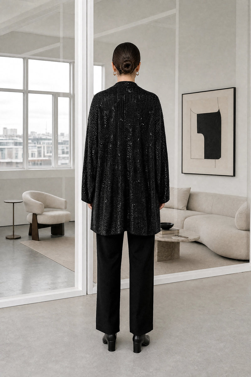 Angelina | Sequin Knit Cardigan in Black, studio back view