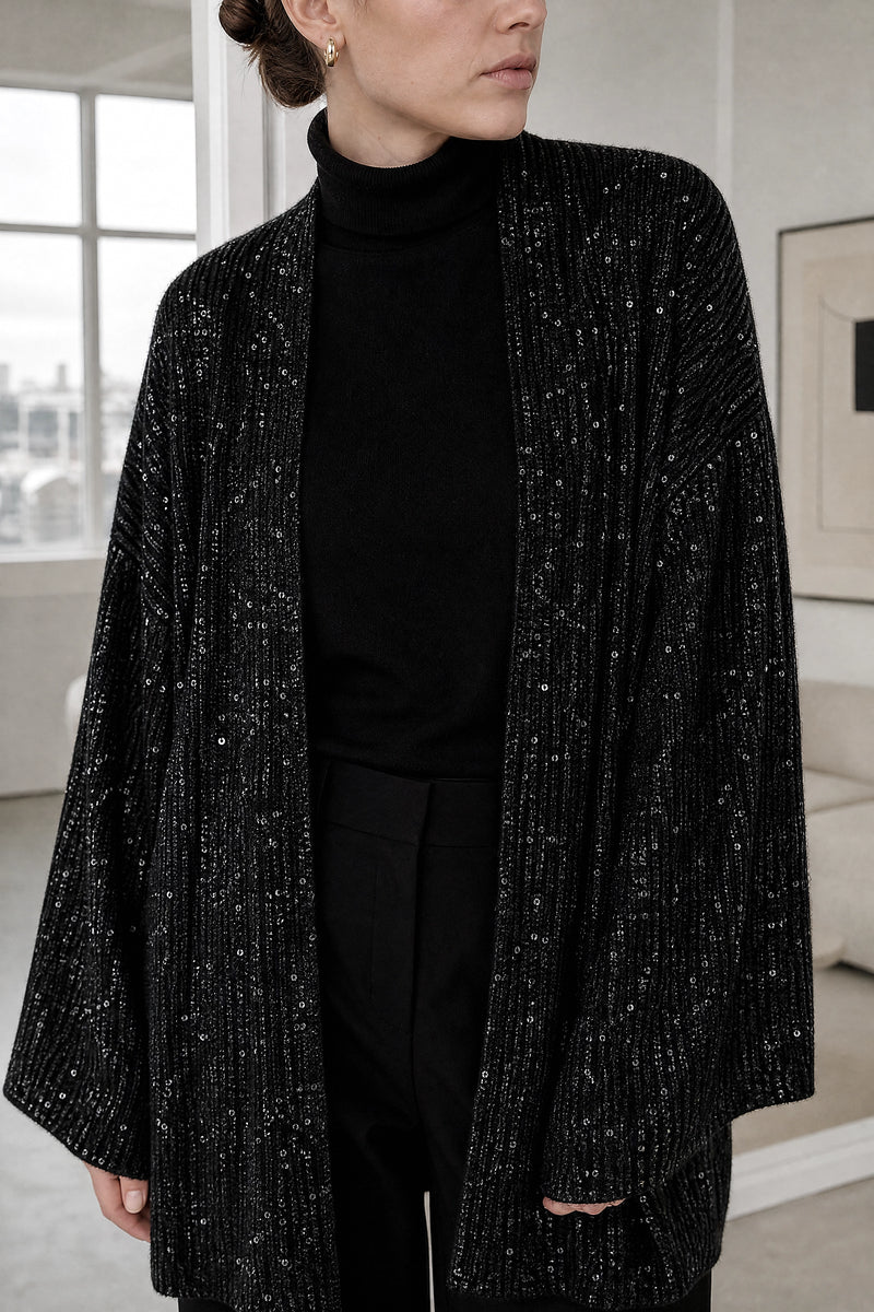 Angelina | Sequin Knit Cardigan in Black, fabric close-up