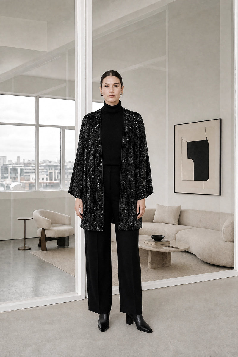 Angelina | Sequin Knit Cardigan in Black, studio front view