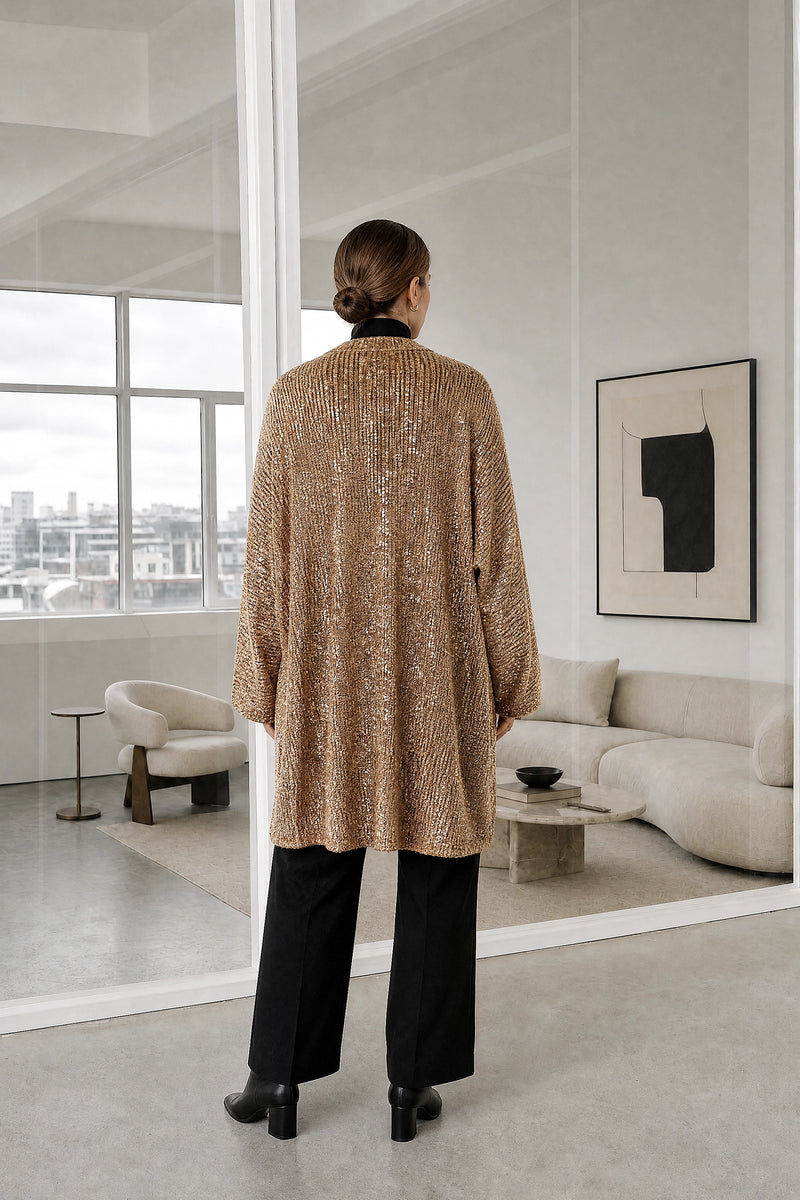 Angelina | Sequin Knit Cardigan in Champagne, studio back view