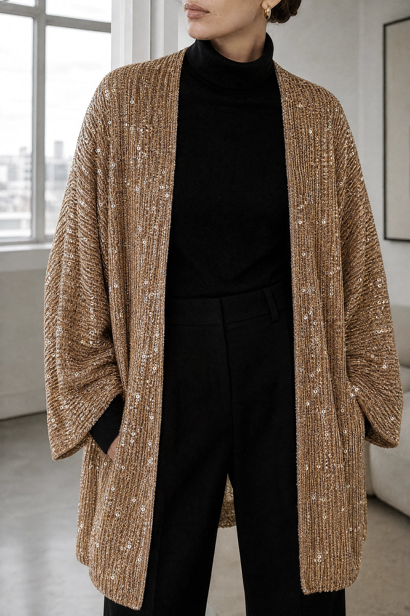 Angelina | Sequin Knit Cardigan in Champagne, fabric close-up