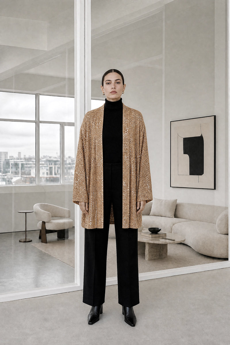 Angelina | Sequin Knit Cardigan in Champagne, studio front view
