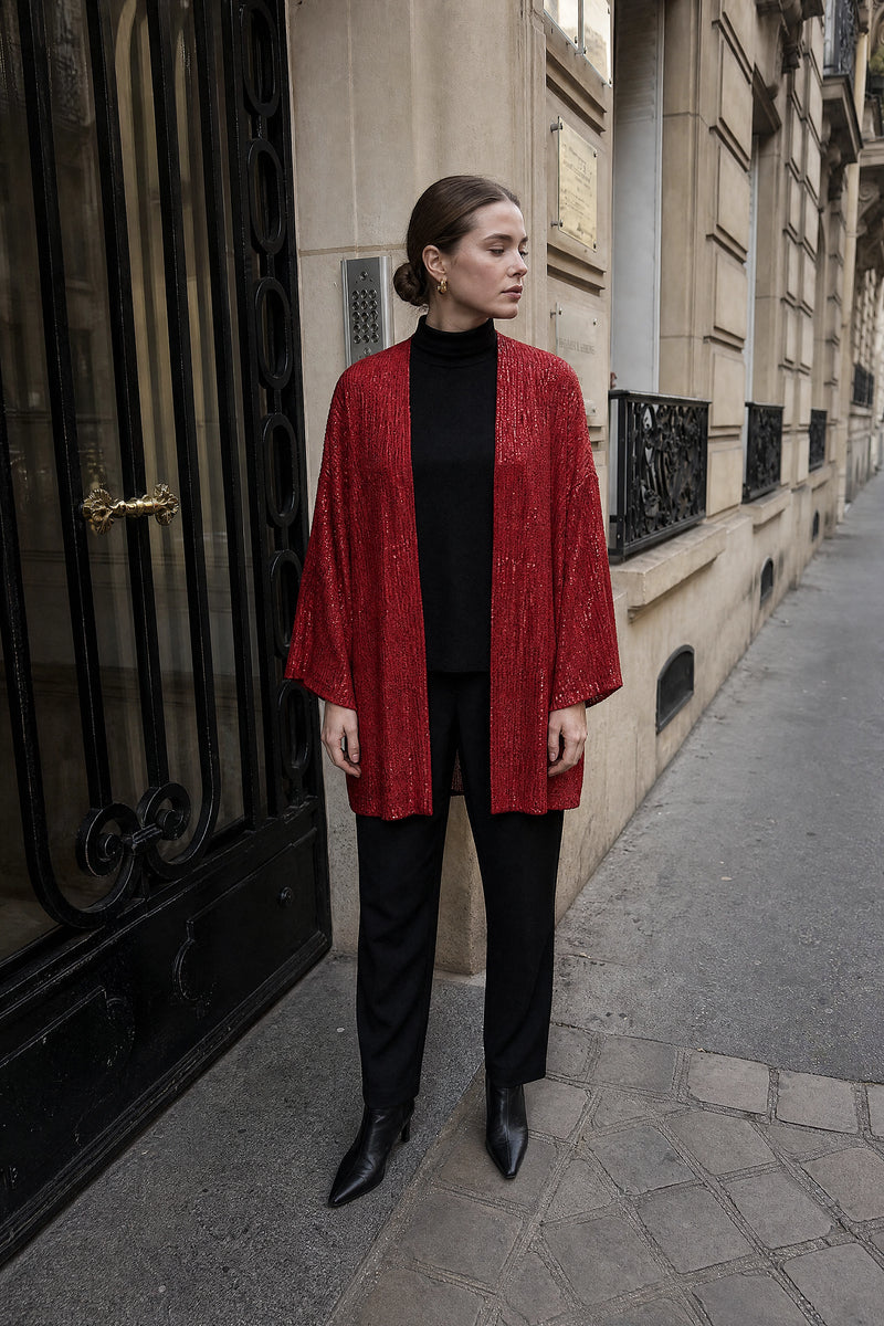 SOFAINE-V7-LIFE-Angelina | Sequin Knit Cardigan in Red, street-style view