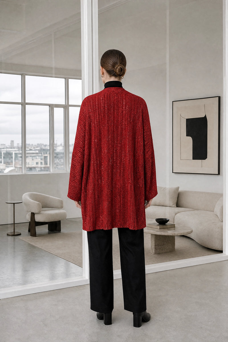 Angelina | Sequin Knit Cardigan in Red, studio back view