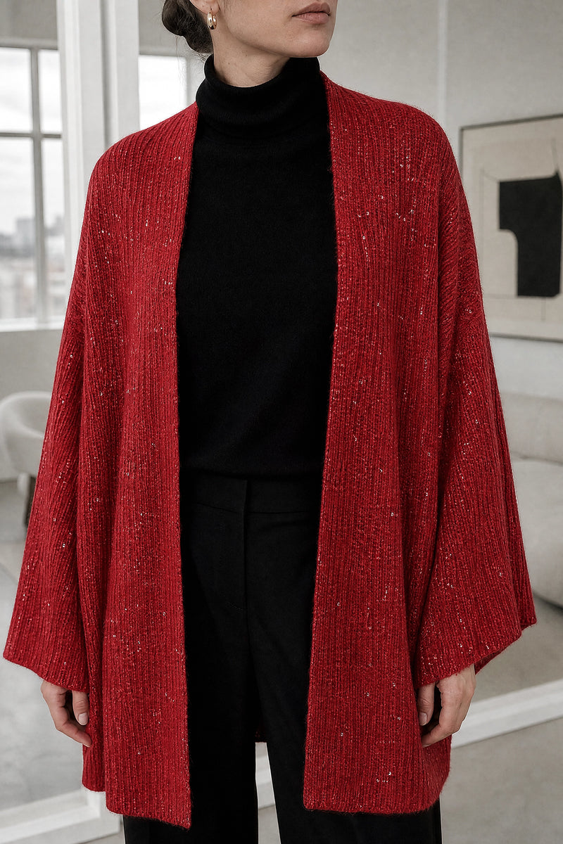 Angelina | Sequin Knit Cardigan in Red, fabric close-up