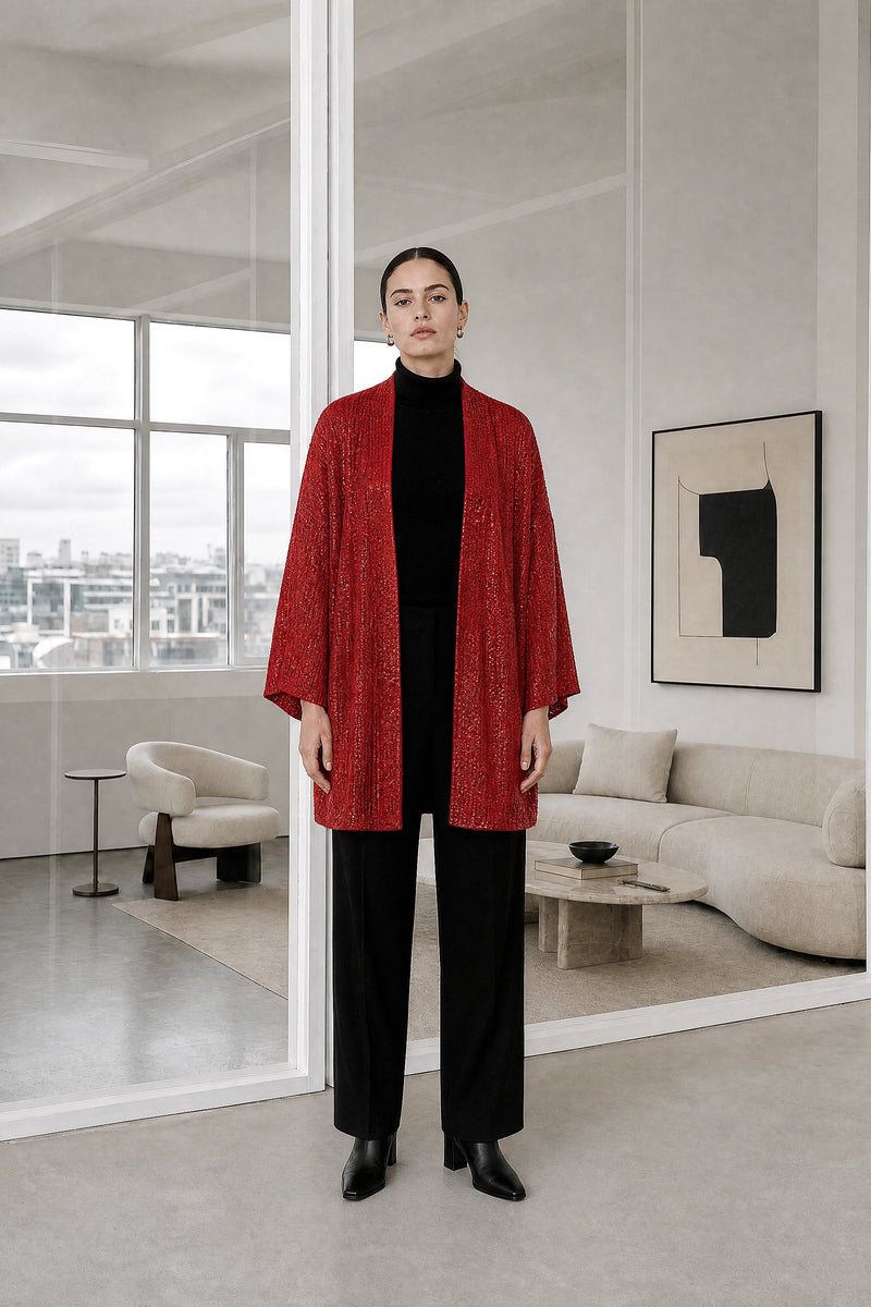 Angelina | Sequin Knit Cardigan in Red, studio front view