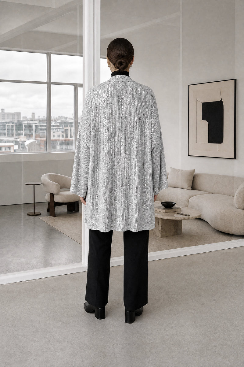 Angelina | Sequin Knit Cardigan in Silver, studio back view