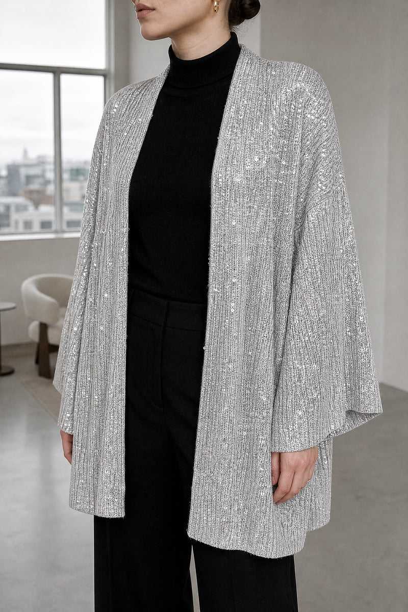 Angelina | Sequin Knit Cardigan in Silver, fabric close-up