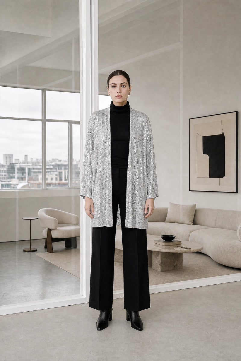 Angelina | Sequin Knit Cardigan in Silver, studio front view