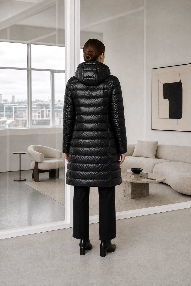 Anika | Hooded Down Jacket in Black, studio back view