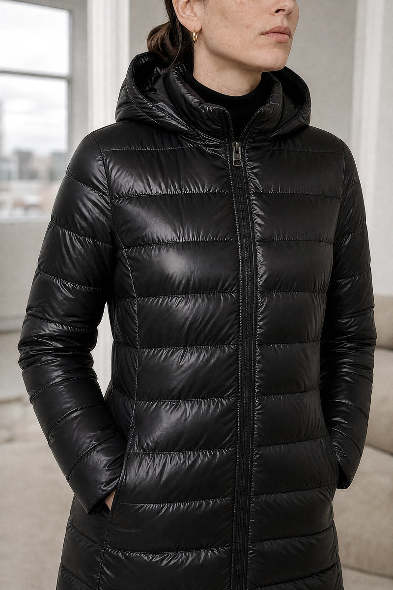 Anika | Hooded Down Jacket in Black, fabric close-up