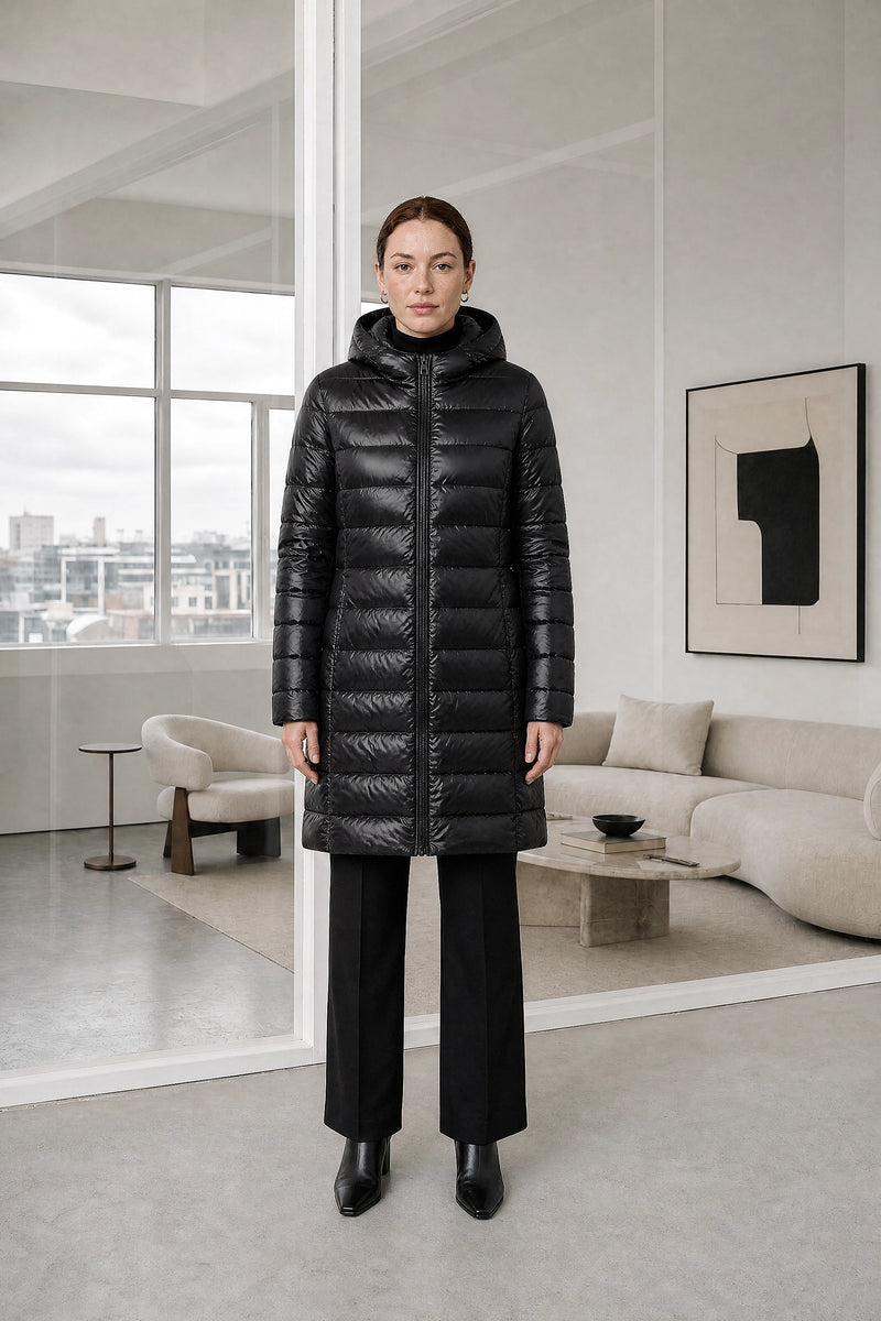 Anika | Hooded Down Jacket in Black, studio front view
