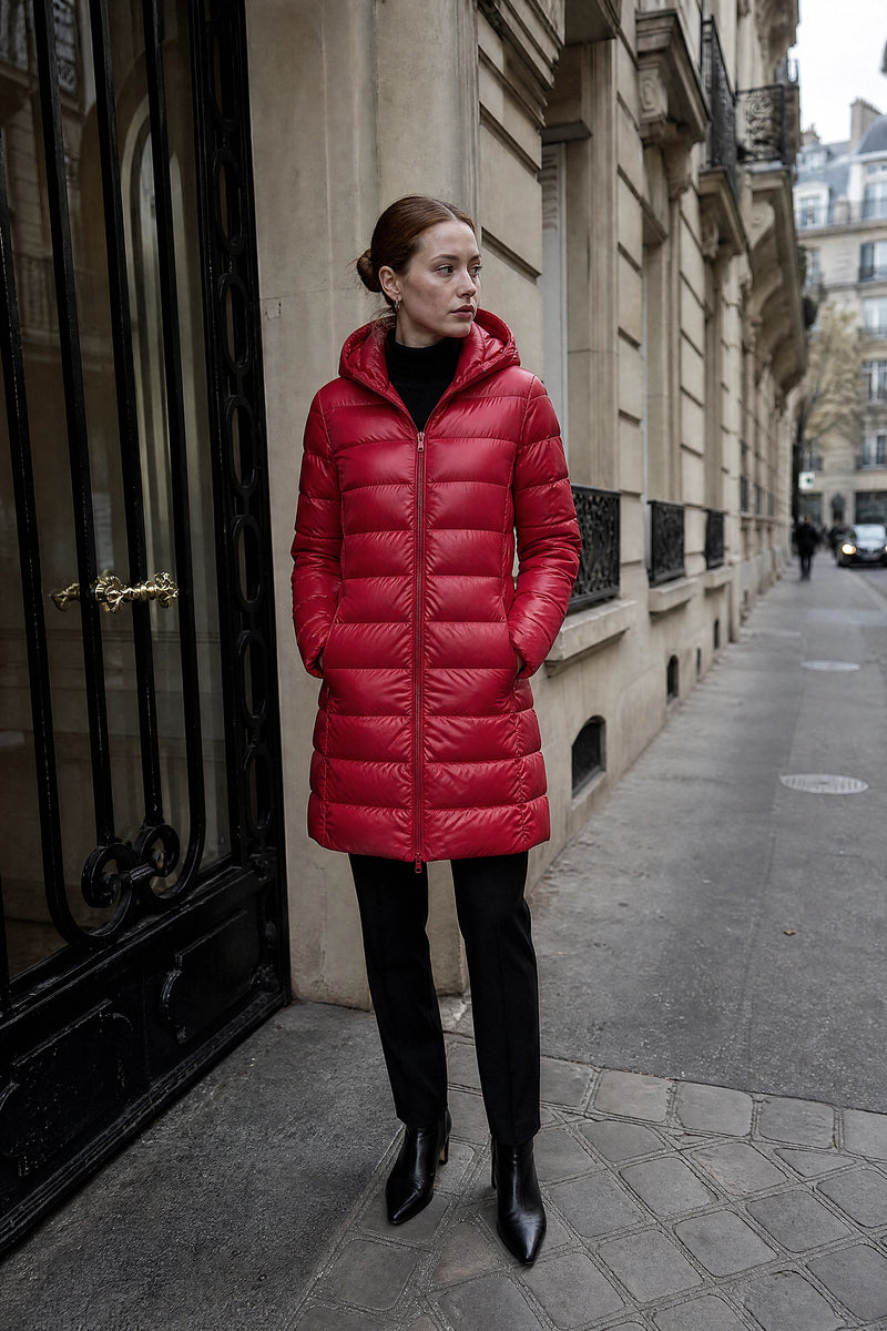 SOFAINE-V7-LIFE-Anika | Hooded Down Jacket in Dark Red, street-style view
