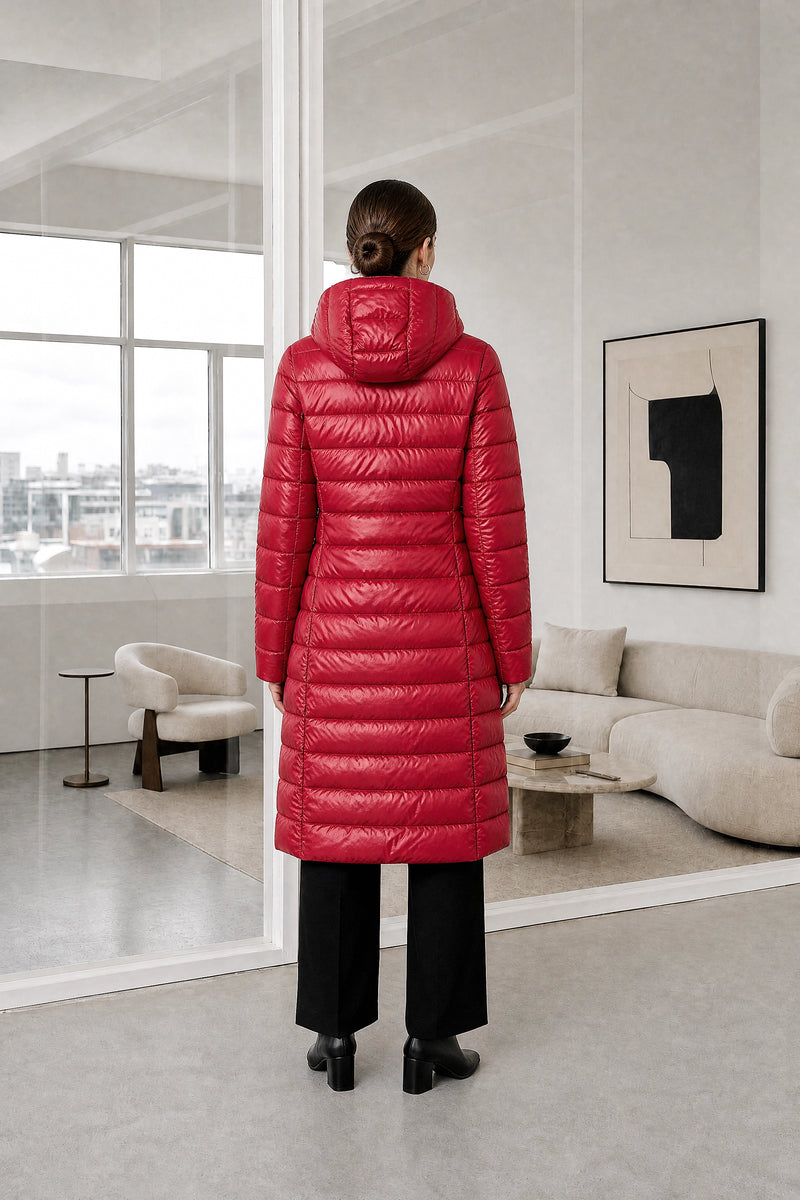 Anika | Hooded Down Jacket in Dark Red, studio back view