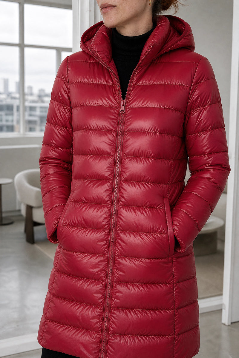 Anika | Hooded Down Jacket in Dark Red, fabric close-up