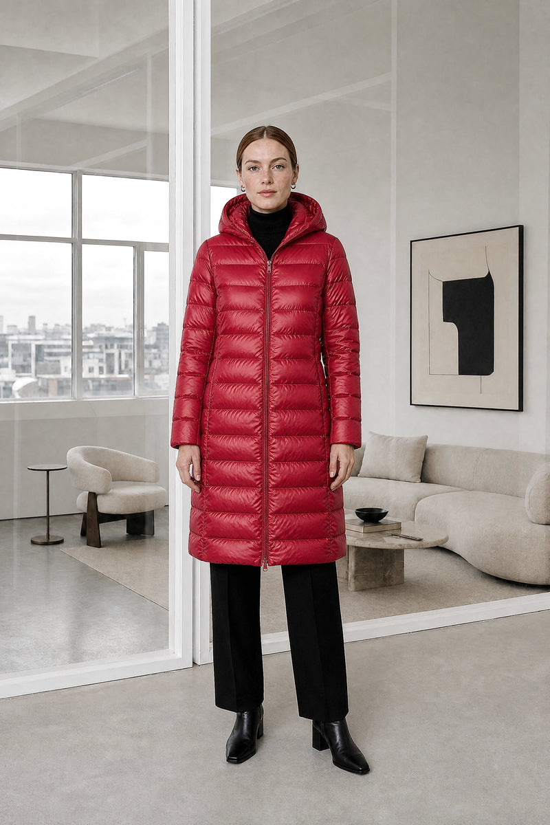 Anika | Hooded Down Jacket in Dark Red, studio front view