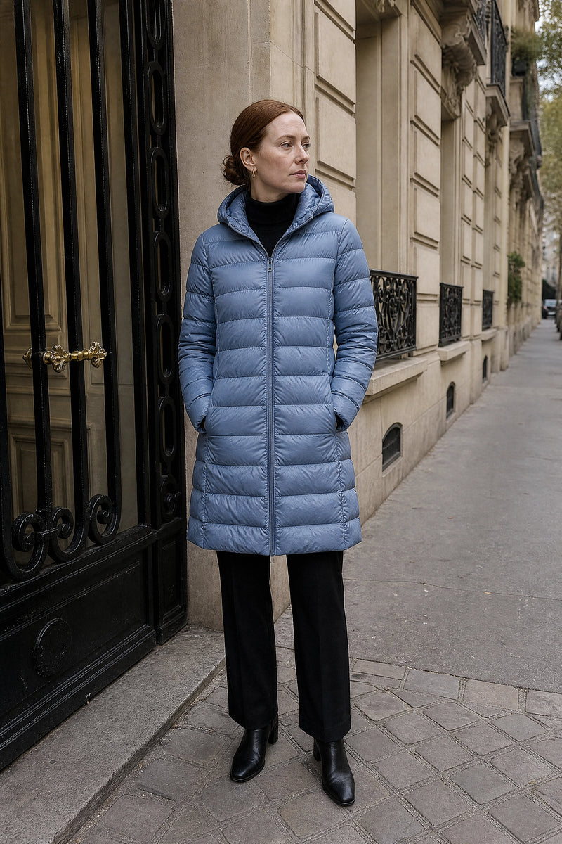 SOFAINE-V7-LIFE-Anika | Hooded Down Jacket in Haze Blue, street-style view