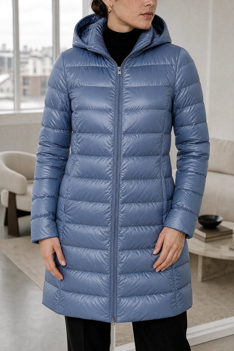 Anika | Hooded Down Jacket in Haze Blue, fabric close-up